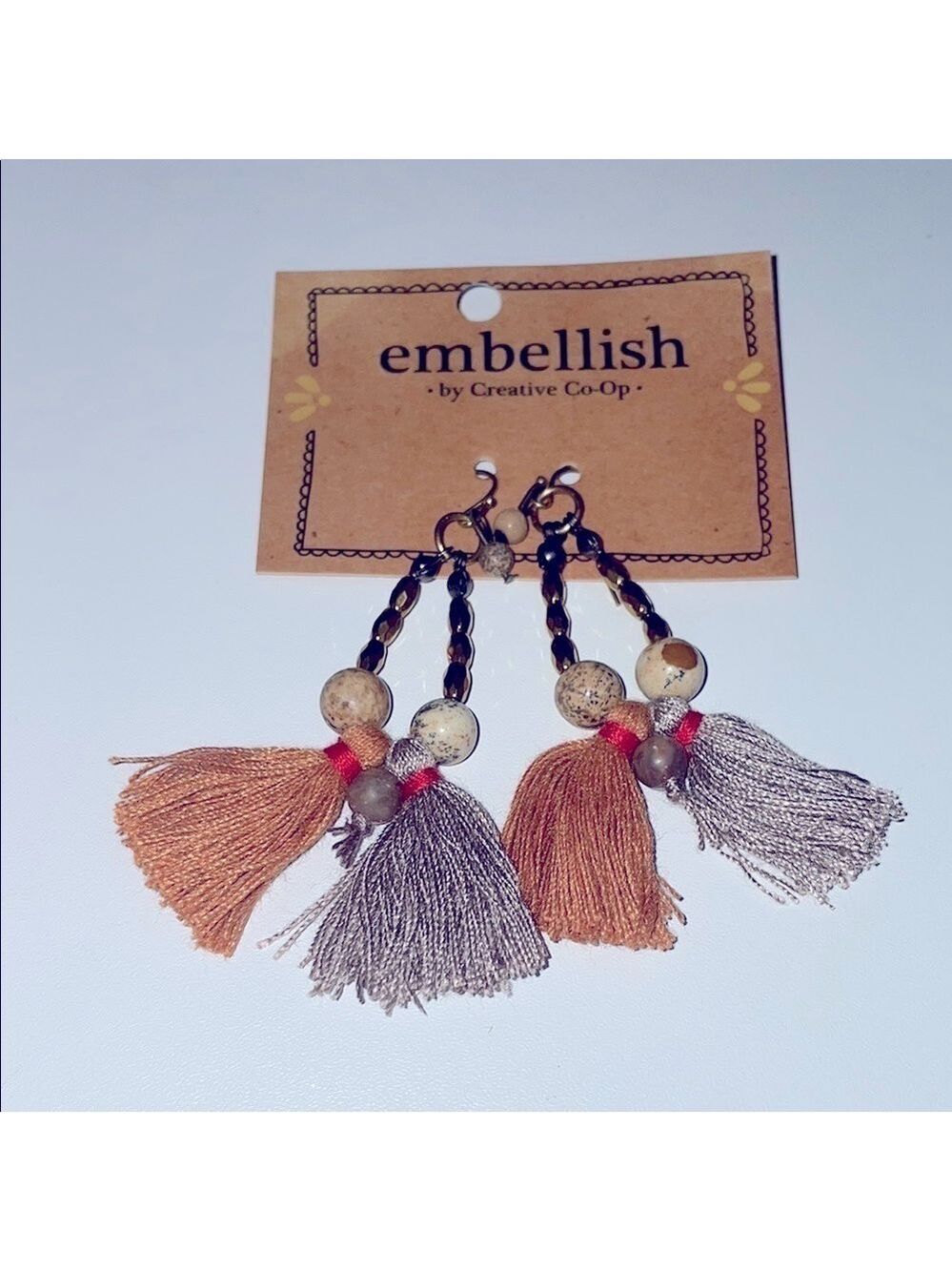 Creative Co-Op Beaded Brown and Gray Tassel Earrings 2” NWT